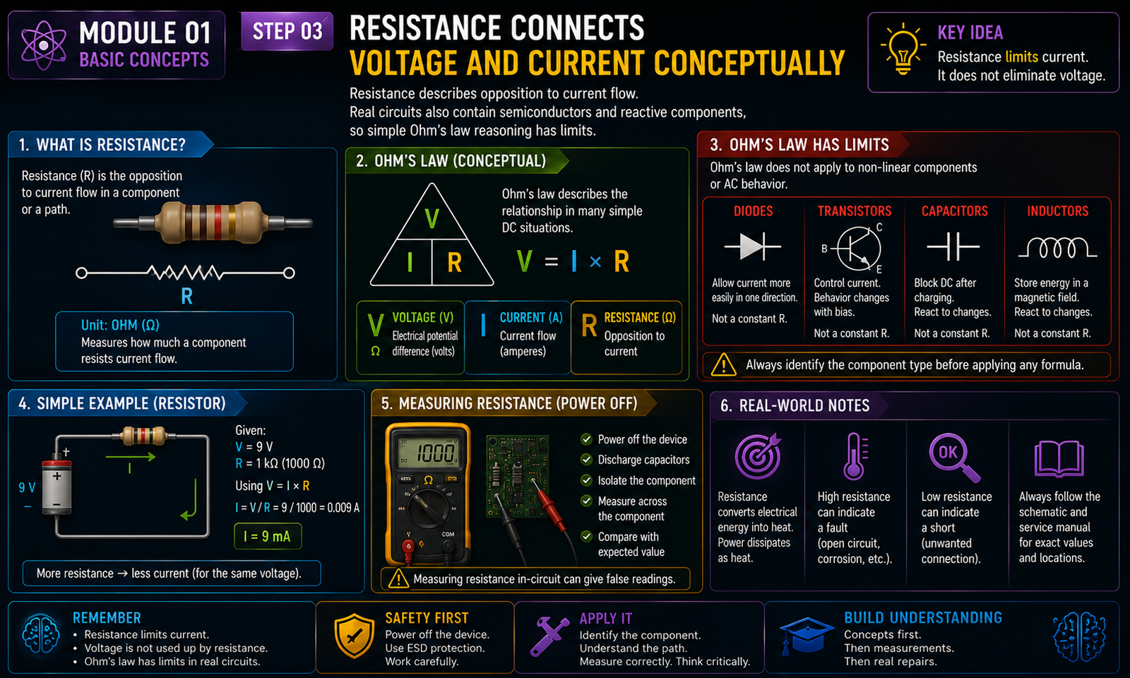 Instructional visual for Electronics module 1, step 3: Resistance connects voltage and current conceptually