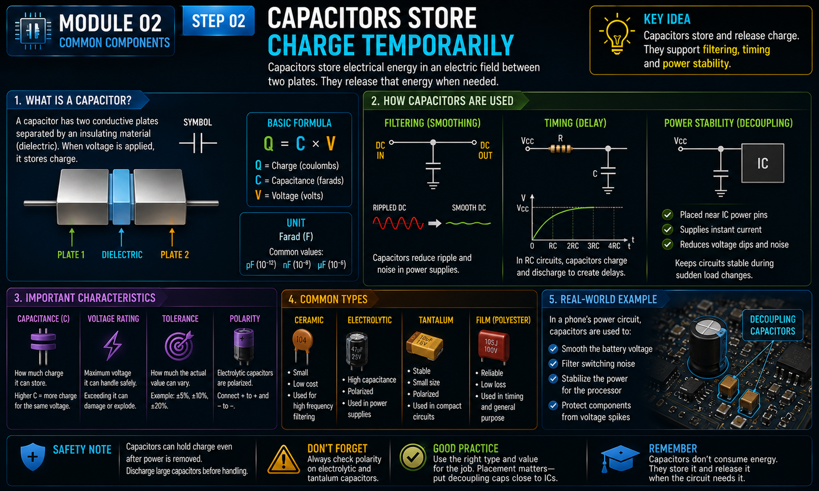 Instructional visual for Electronics module 2, step 2: Capacitors store charge temporarily