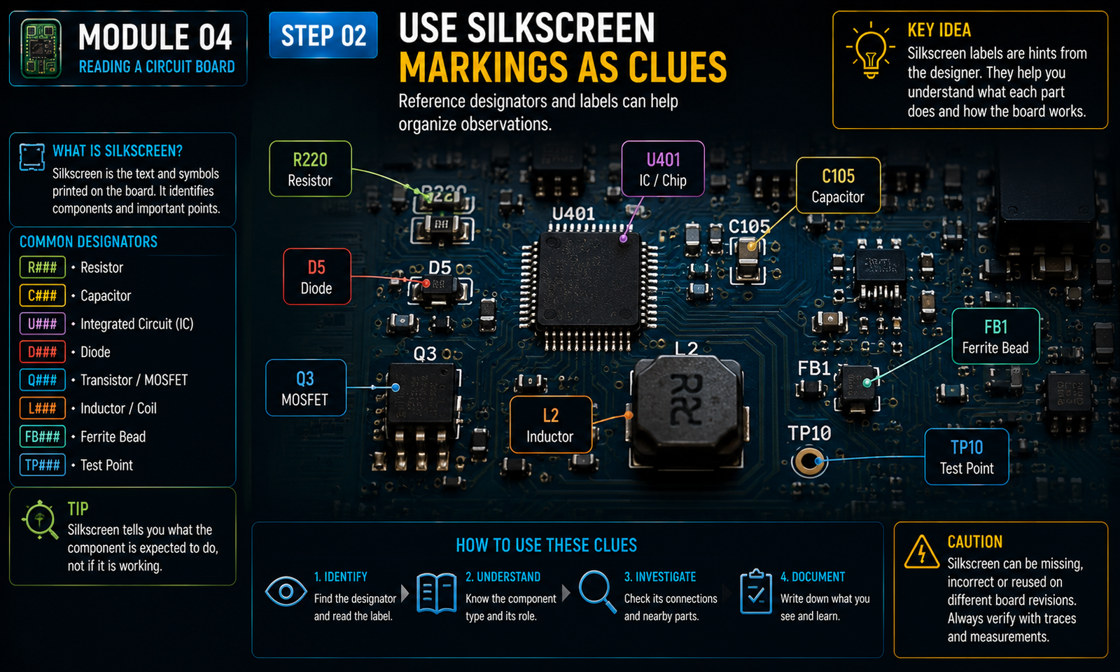 Instructional visual for Electronics module 4, step 2: Use silkscreen markings as clues