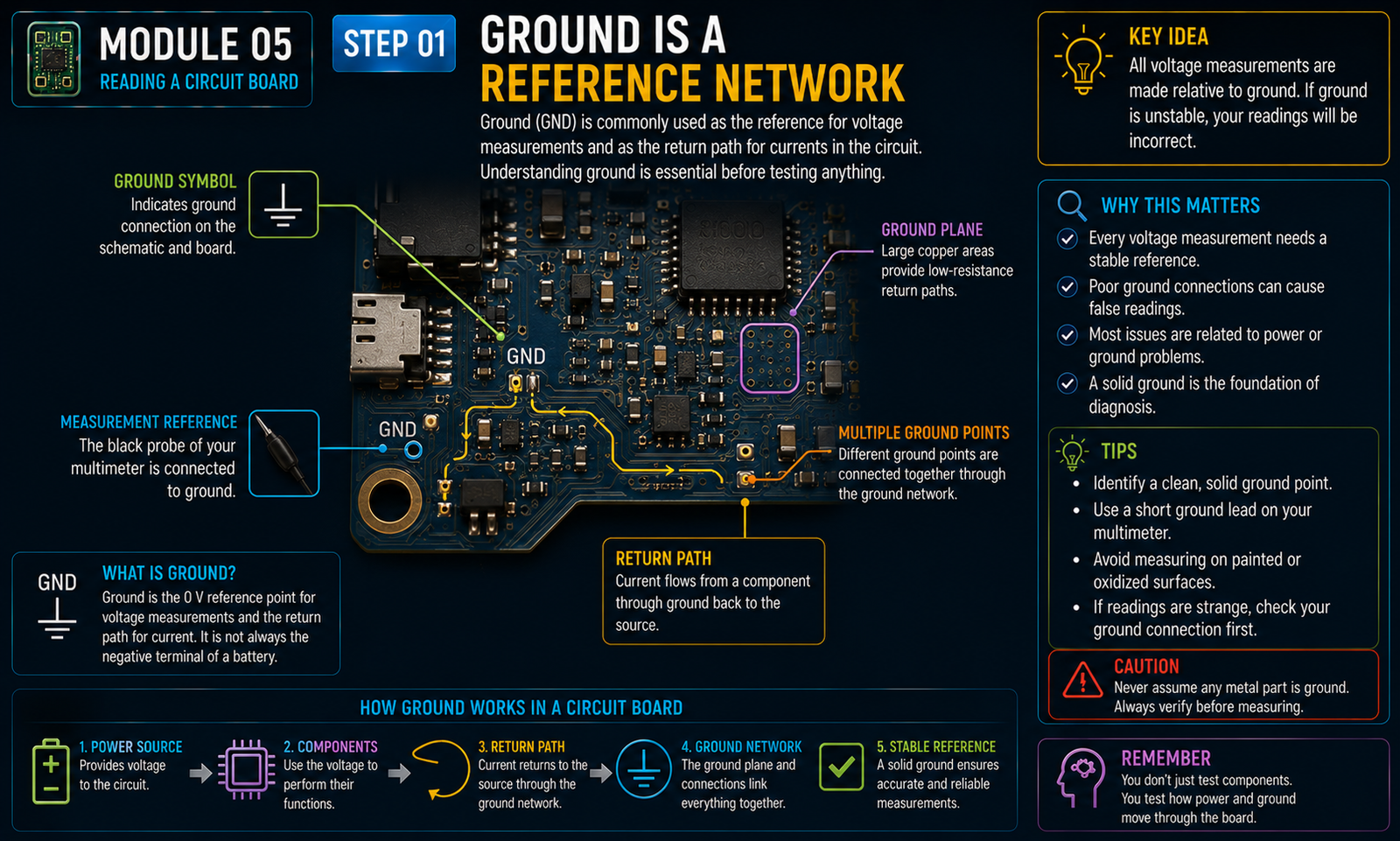 Instructional visual for Electronics module 5, step 1: Ground is a reference network