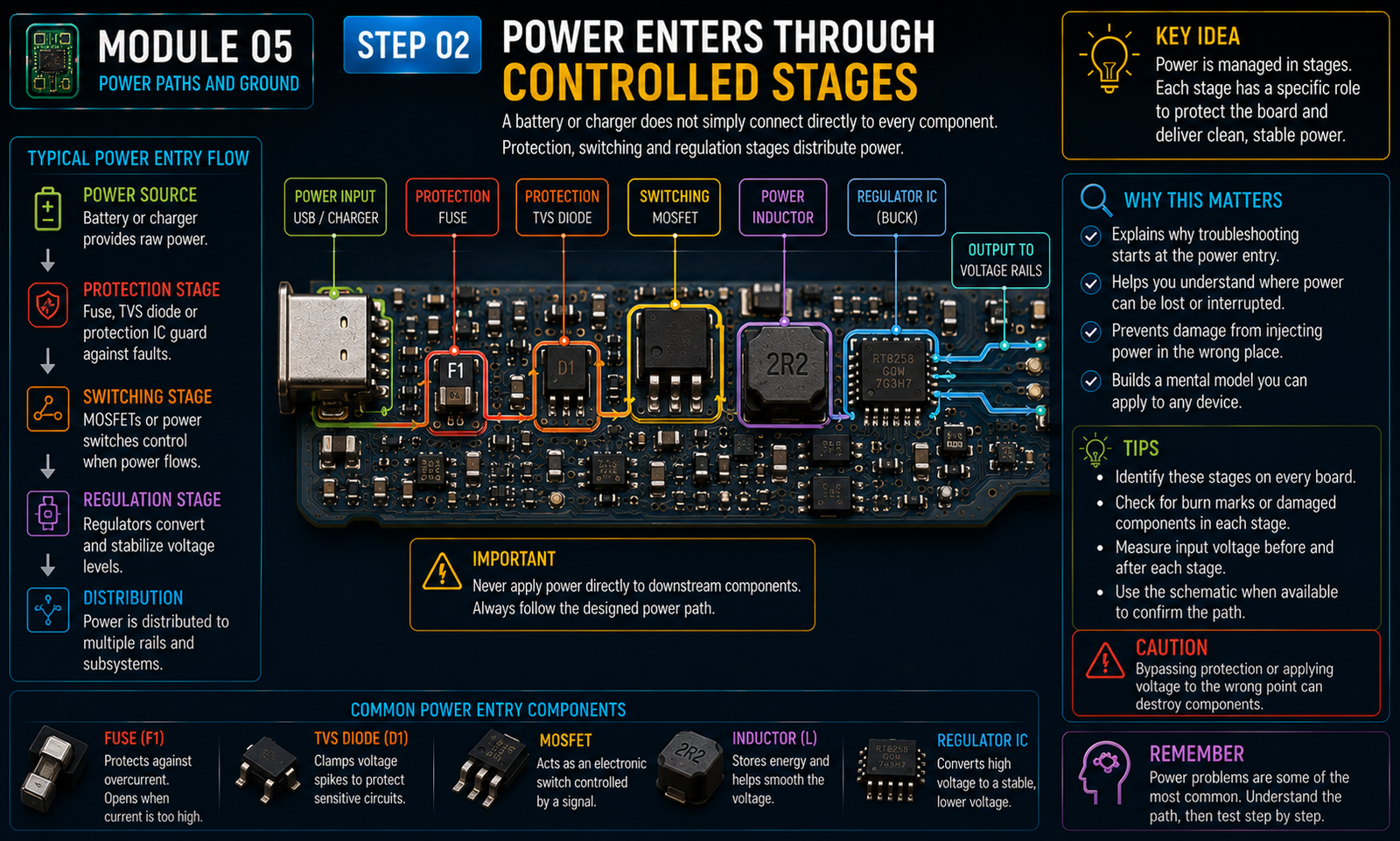 Instructional visual for Electronics module 5, step 2: Power enters through controlled stages