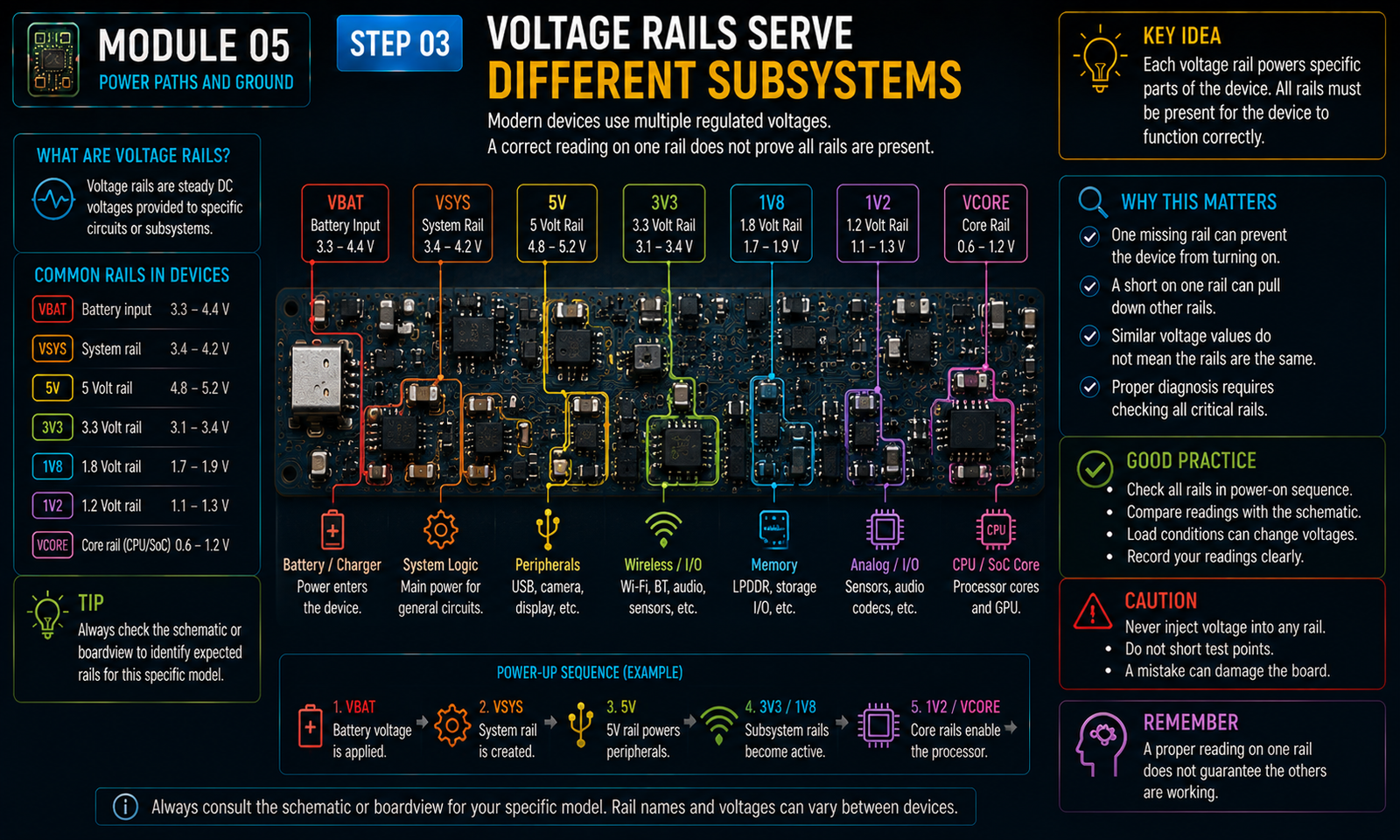Instructional visual for Electronics module 5, step 3: Voltage rails serve different subsystems