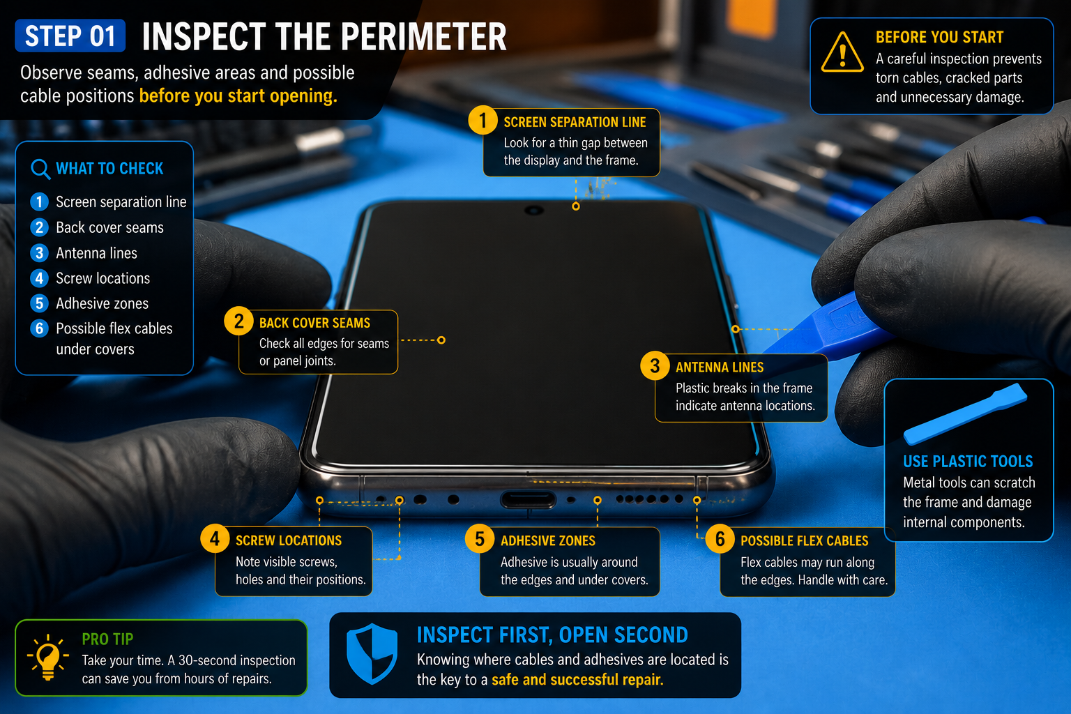 Technical illustration for lesson 04, step 1: Inspect the perimeter