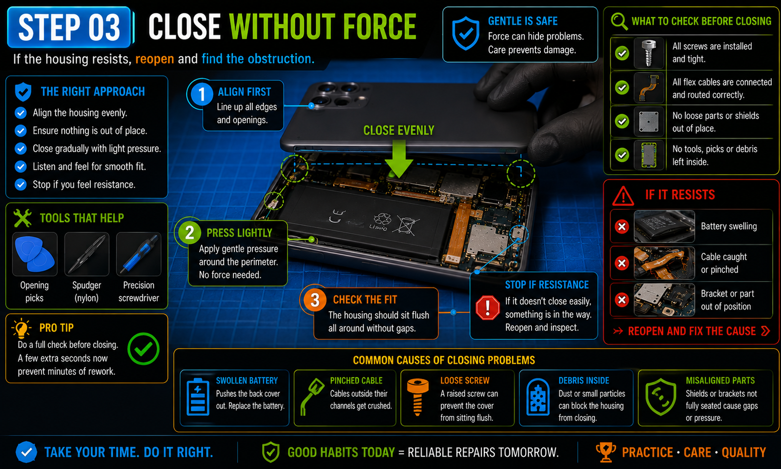 Technical illustration for lesson 06, step 3: Close without force